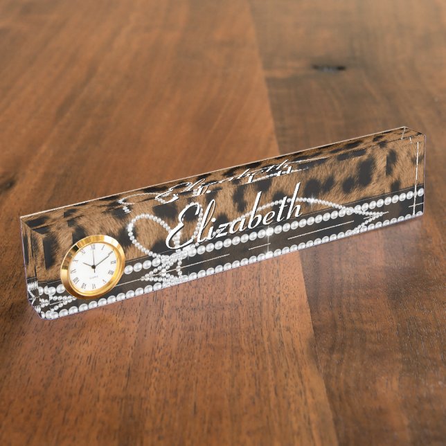 Trendy chic girly faux brown black leopard nameplate (Side)