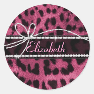 Trendy chic girly faux hot pink leopard animal classic round sticker