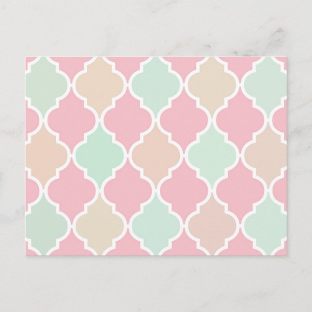 Trendy Chic Girly Pink Green Quatrefoil Pattern Postcard (Front)