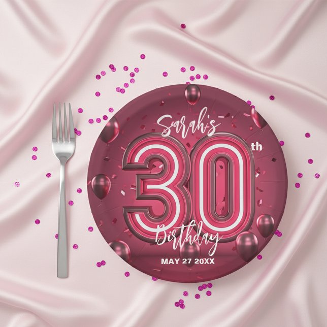 Trendy Chic Glam Metallic Neon Pink 30th Birthday Paper Plate (Creator Uploaded)