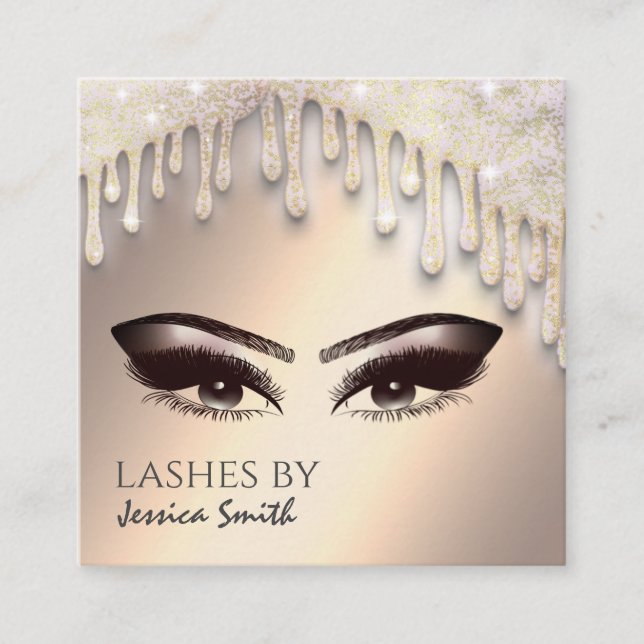 Trendy chic gold glittery drips makeup eyes square business card (Front)