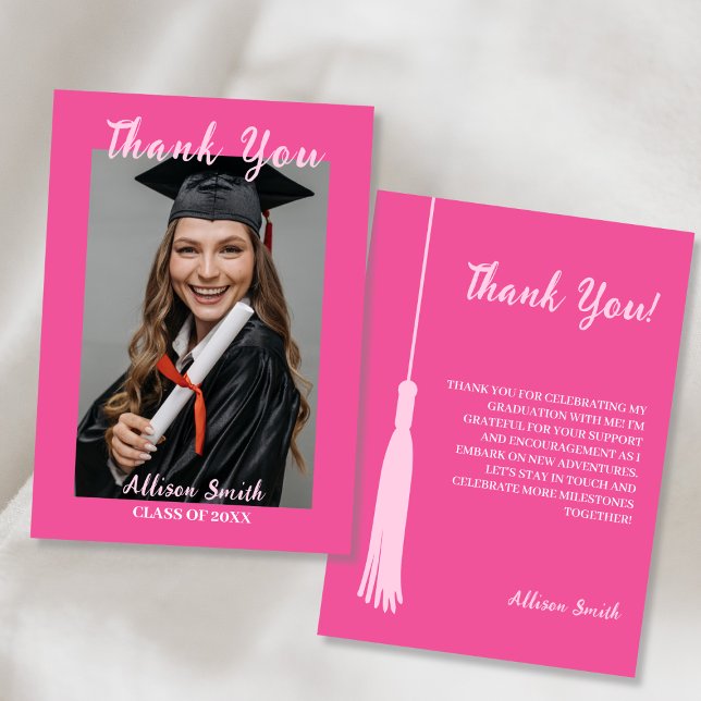 Trendy Chic Hot Pink Photo Graduation Thank You Card (Trendy Chic Hot Pink Photo Graduation Thank You)