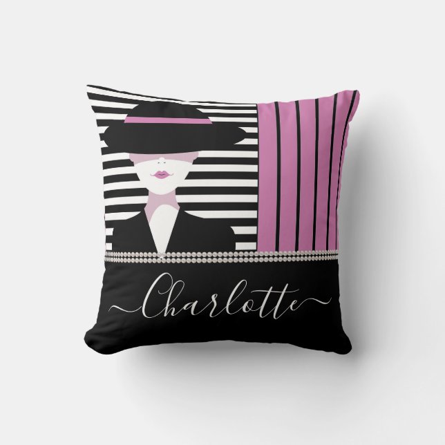 Trendy chic lady with hat throw pillow (Front)