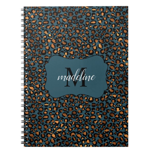Trendy Chic Leopard Pattern Monogram Name Spiral Notebook (Front)