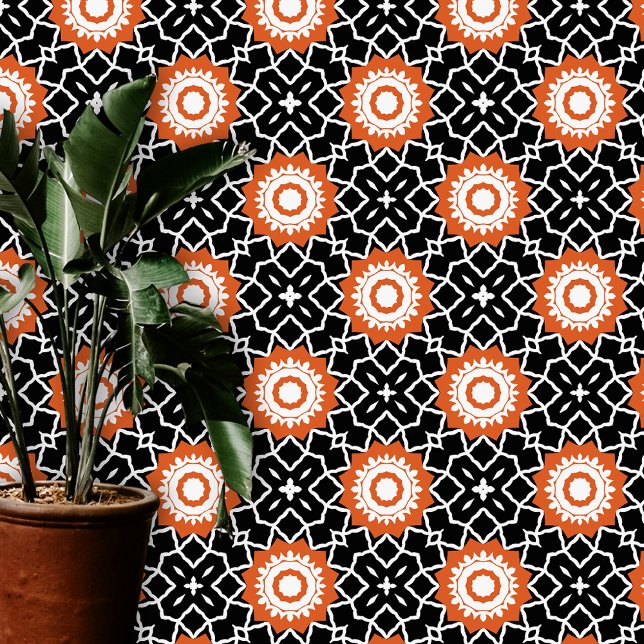 Trendy Chic Moroccan Black Orange White Geometric Wallpaper (Creator Uploaded)