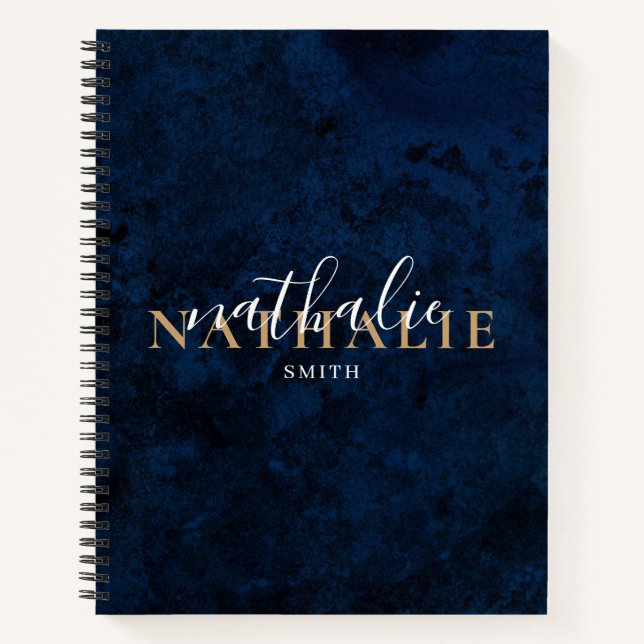 Trendy Chic Navy Blue Gold Name Notebook (Front)