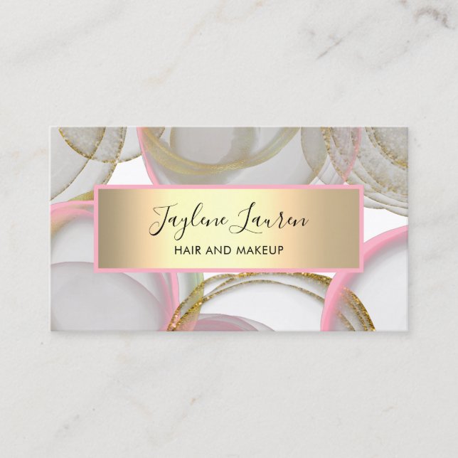 Trendy Chic Pink Gold Abstract Ink Circles Business Card (Front)