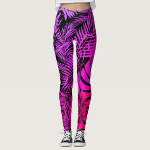 Trendy chic purple pink ombre tropical palm leaves leggings