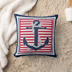 Trendy Chic Retro Boat Anchor Cute Stripes Pattern Cushion