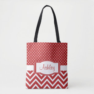 Trendy Chic Scarlet Red Polka Dot Chevron Monogram Tote Bag
