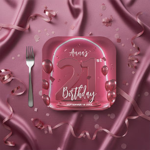 Trendy Chic Vibrant Hot Pink Neon 21st Birthday Paper Plate