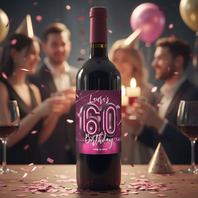 Trendy Chic Vibrant Hot Pink Neon 60th Birthday Wine Label (Creator Uploaded)
