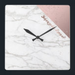 Trendy Chic White Marble Rose Gold Personalized Square Wall Clock<br><div class="desc">A design inspired by a customer's request. White marble rose gold backdrop decorated by glittering rose gold confetti with name in cool typography, also in rose gold texture. NOTE: If you'd like your name appears the same as our template, just email me! Or you can clear the image, use zazzle's...</div>