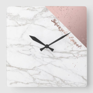 Trendy Chic White Marble Rose Gold Personalized Square Wall Clock