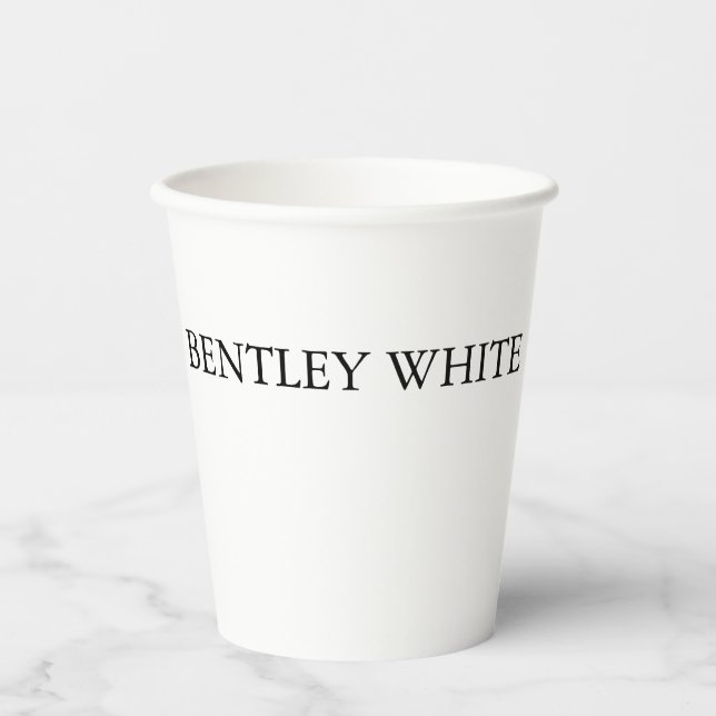 Trendy Chic White Stylish Simple Plain Your Name Paper Cups (Front)