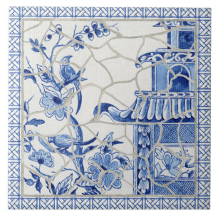 Trendy Chinoiserie Chic Blue White Chinese Pagoda  Tile