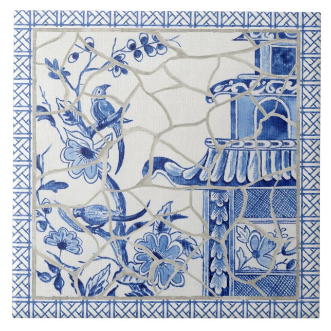 Trendy Chinoiserie Chic Blue White Chinese Pagoda  Tile (Front)