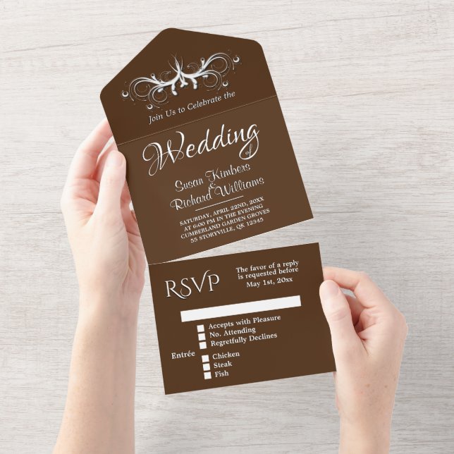  Trendy Chocolate and White Tri Fold w Rsvp All In One Invitation (Tearaway)
