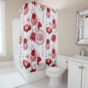 Trendy Christmas Balls and Poinsettia Shower Curtain