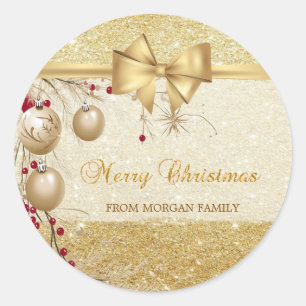 Trendy  Christmas Balls Faux Gold Bow,Glittery Classic Round Sticker