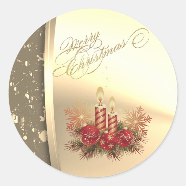 Trendy Christmas Candles, Balls, Pines ,Faux Gold Classic Round Sticker (Front)