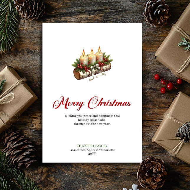 Trendy Christmas candles wooden log greeting Holiday Card (Trendy Christmas candles wooden log greeting Holiday Card)