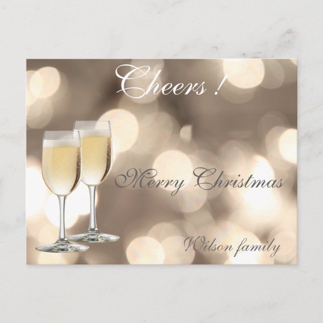 Trendy Christmas champagne glasses bokeh Holiday Postcard (Front)
