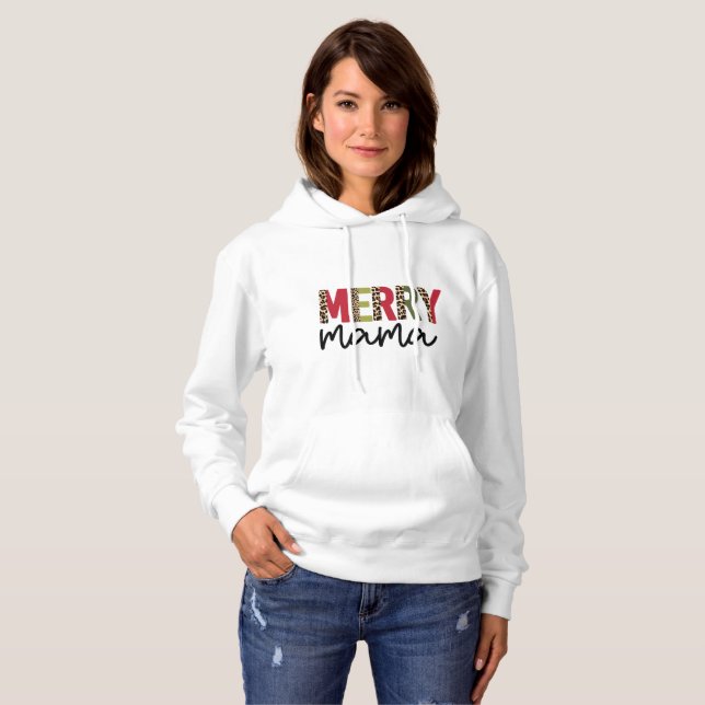Trendy Christmas Colour Block Leopard Merry Mama  Hoodie (Front Full)