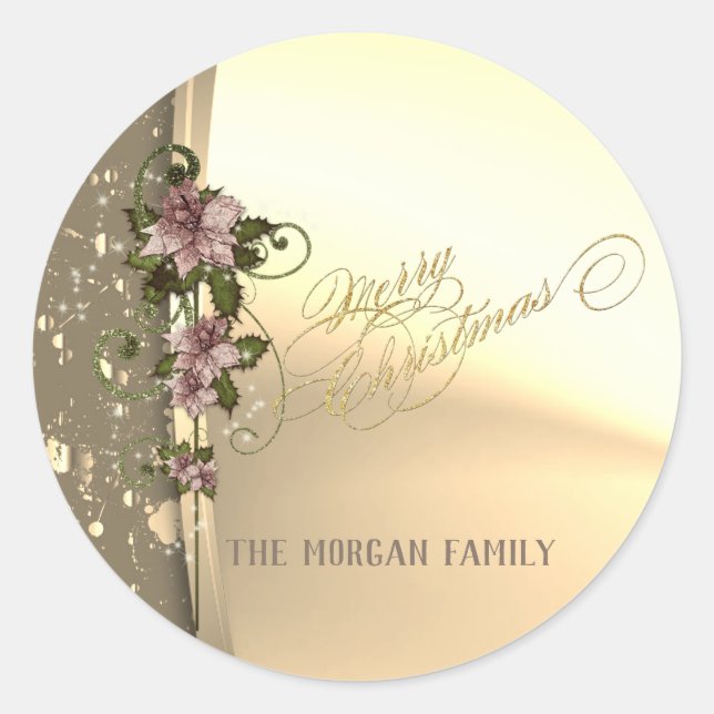 Trendy Christmas ,Faux Gold,Poinsettia Classic Round Sticker (Front)