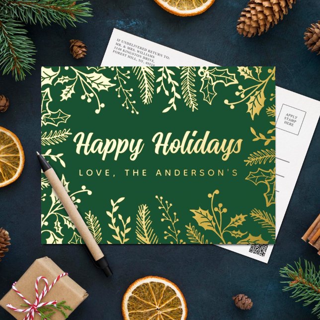 Trendy Christmas Foliage Real Foil Holiday Postcard (Creator Uploaded)