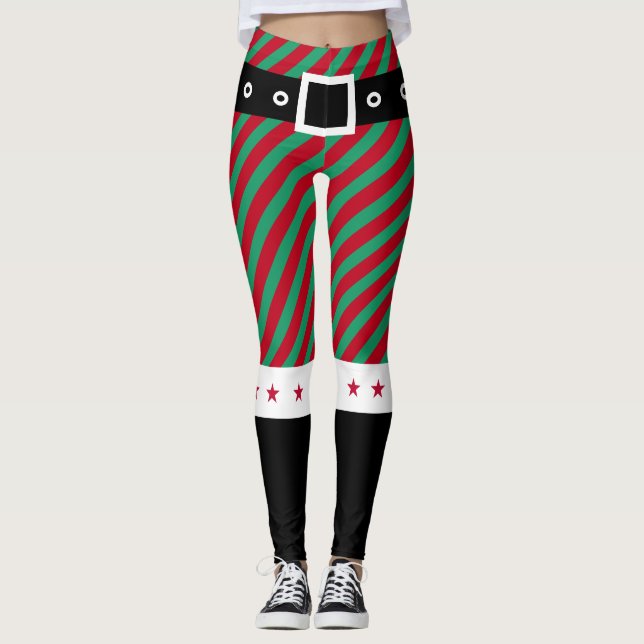 Trendy Christmas Green Red Stripes Candy Cane Elf Leggings (Front)