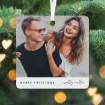 Trendy Christmas | Modern Stylish Couple Photo Metal Tree Decoration<br><div class="desc">A stylish holiday photo ornament with modern typography “Merry Christmas" in dark forest green and handwritten script typography for the couples name(s) on a clean simple minimalist white background. The photo, name and greeting can be easily customised for a personal touch. A simple, minimalist and contemporary christmas design to stand...</div>