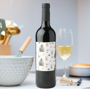 Trendy Christmas Pattern Watercolor Wine Label