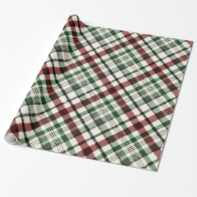 Trendy Christmas Plaid in Red Green & Sparkle Wrapping Paper (Unrolled)