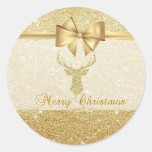 Trendy  Christmas Reindeer ,Faux Gold Bow,Glittery Classic Round Sticker