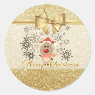 Trendy  Christmas Reindeer ,Faux Gold Bow,Glittery Classic Round Sticker