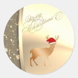 Trendy Christmas Reindeer  Santa Hat ,Faux Gold Classic Round Sticker