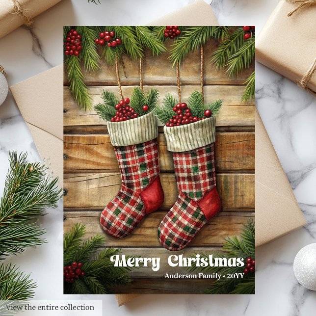 Trendy Christmas stocking vintage holly berries Holiday Card (Trendy Christmas stocking vintage holly berries Holiday Card)