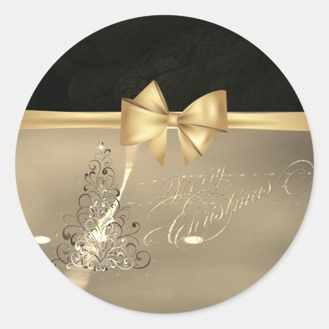 Trendy  Christmas Tree ,Faux Gold Bow Classic Round Sticker (Front)