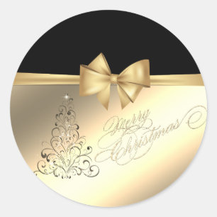 Trendy Christmas Tree ,Faux Gold Bow Classic Round Sticker