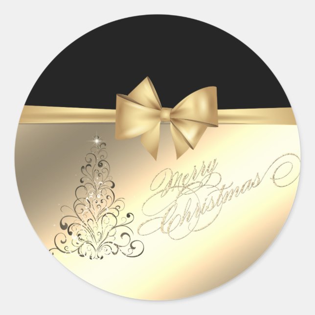 Trendy  Christmas Tree ,Faux Gold Bow Classic Round Sticker (Front)