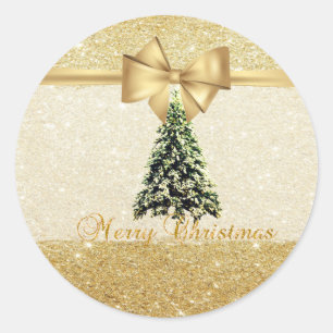 Trendy  Christmas Tree,Faux Gold Bow,Glittery Classic Round Sticker