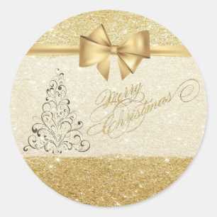Trendy  Christmas Tree ,Faux Gold Bow,Glittery Classic Round Sticker