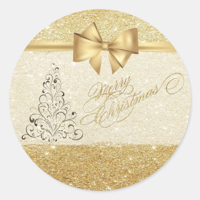 Trendy  Christmas Tree ,Faux Gold Bow,Glittery Classic Round Sticker (Front)