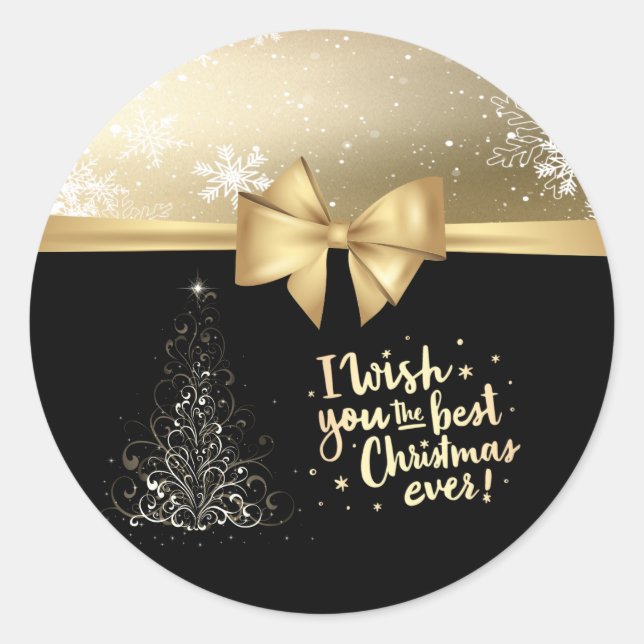 Trendy Christmas Tree ,Faux Gold Bow,Snowflakes Classic Round Sticker (Front)