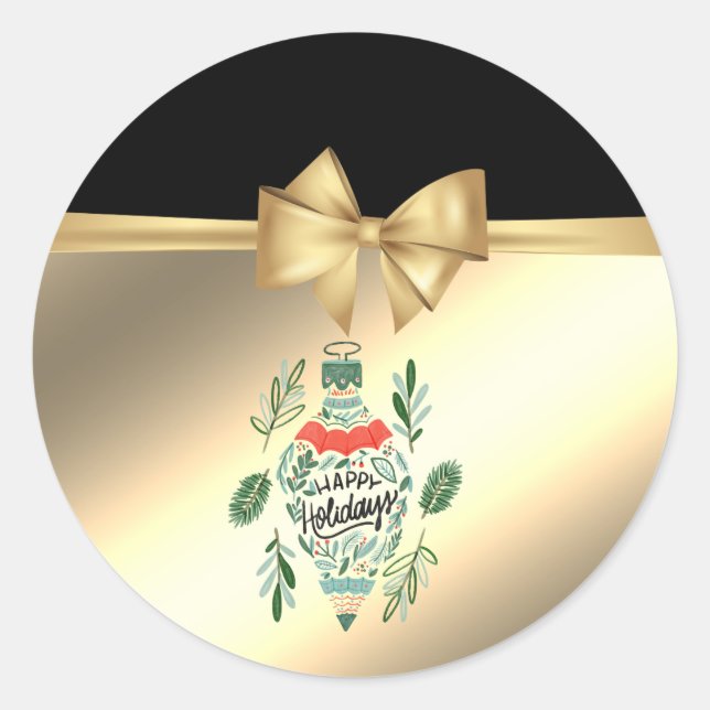 Trendy  Christmas Tree Leaves, Faux Gold Bow Classic Round Sticker (Front)