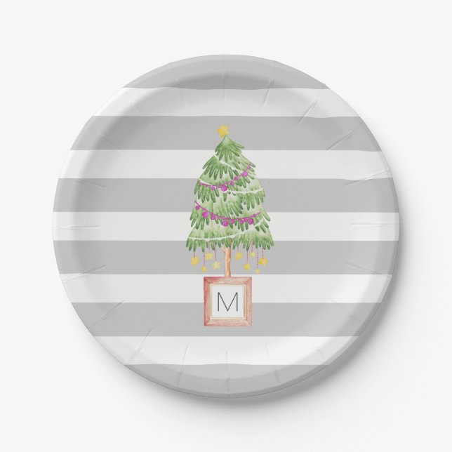 Trendy Christmas Tree monogram, holiday decor Paper Plate (Front)
