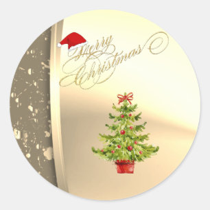 Trendy Christmas Tree, Santa Hat, Faux Gold Classic Round Sticker