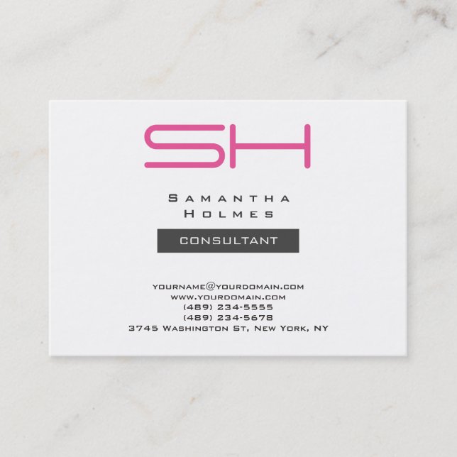 Trendy Chubby White Grey Pink Modern Monogram Business Card (Front)