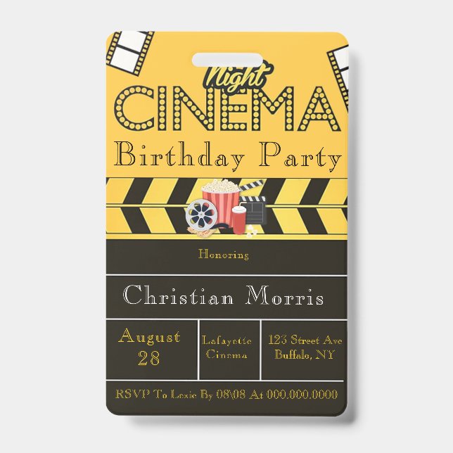 Trendy Cinema Any Age Birthday Party ID Badge (Front)